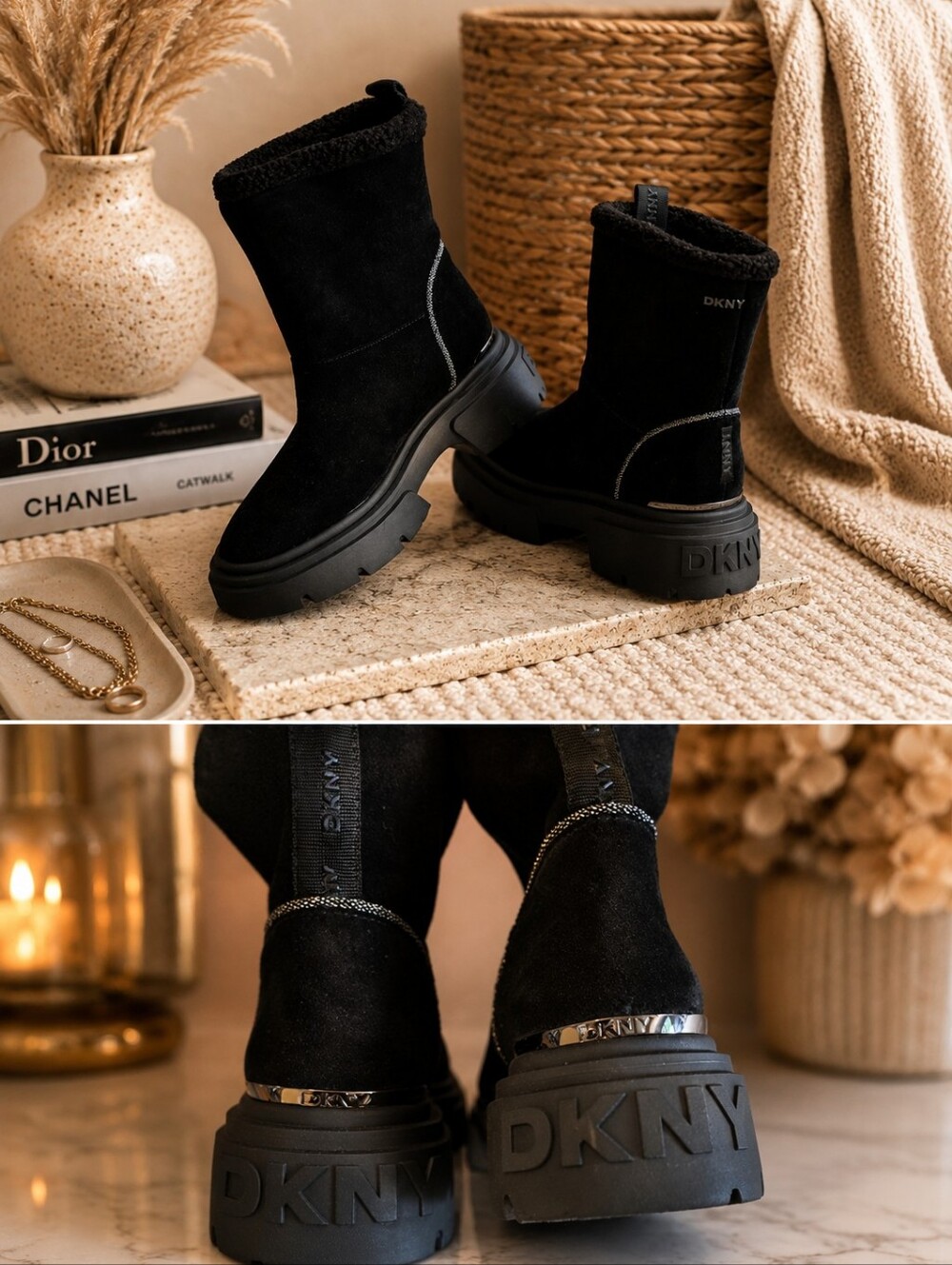 🖤 DKNY Frankie Faux Shearling Lug Heel Boots – Size 6 – NWOB 🖤 RHINESTONES!